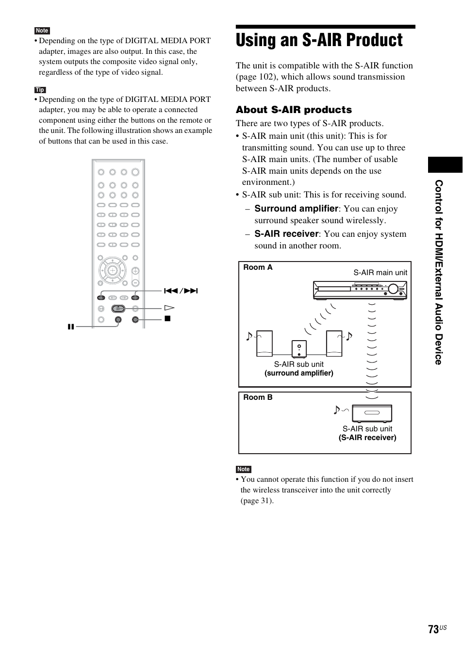 Using an s-air product | Sony DAV-HDX589W User Manual | Page 73 / 116