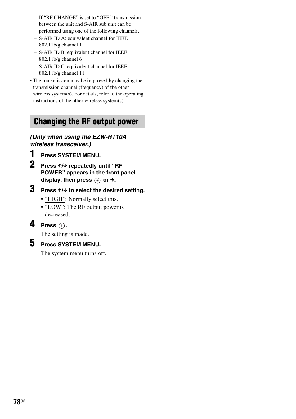 Changing the rf output power | Sony DAV-HDX589W User Manual | Page 78 / 116