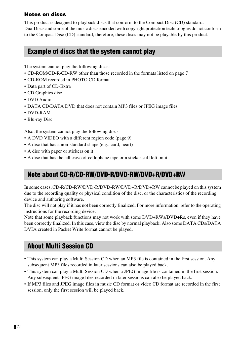 Example of discs that the system cannot play, Note about cd-r/cd-rw/dvd-r/dvd-rw/dvd+r/dvd+rw, About multi session cd | Sony DAV-HDX589W User Manual | Page 8 / 116