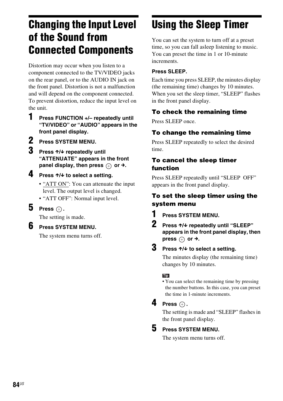 Using the sleep timer, Changing the input level of the sound, From connected components | Sony DAV-HDX589W User Manual | Page 84 / 116