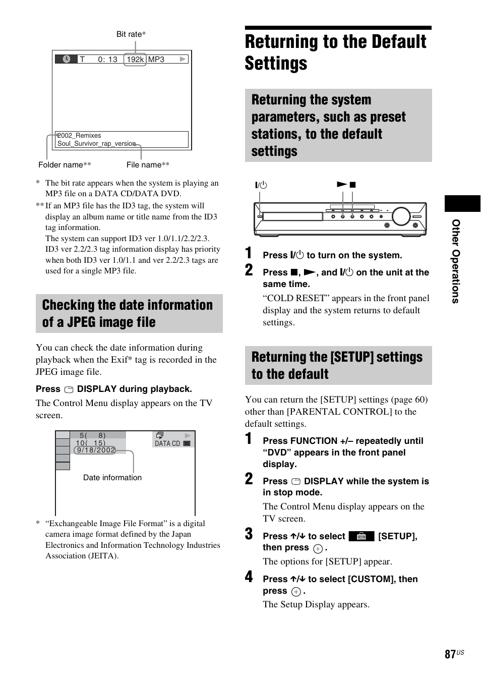 Checking the date information of a jpeg image file, Returning to the default settings, Returning the [setup] settings to the default | Sony DAV-HDX589W User Manual | Page 87 / 116