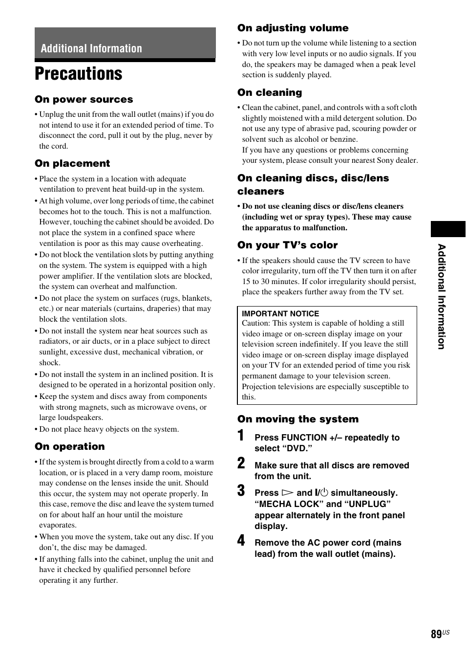 Additional information, Precautions | Sony DAV-HDX589W User Manual | Page 89 / 116