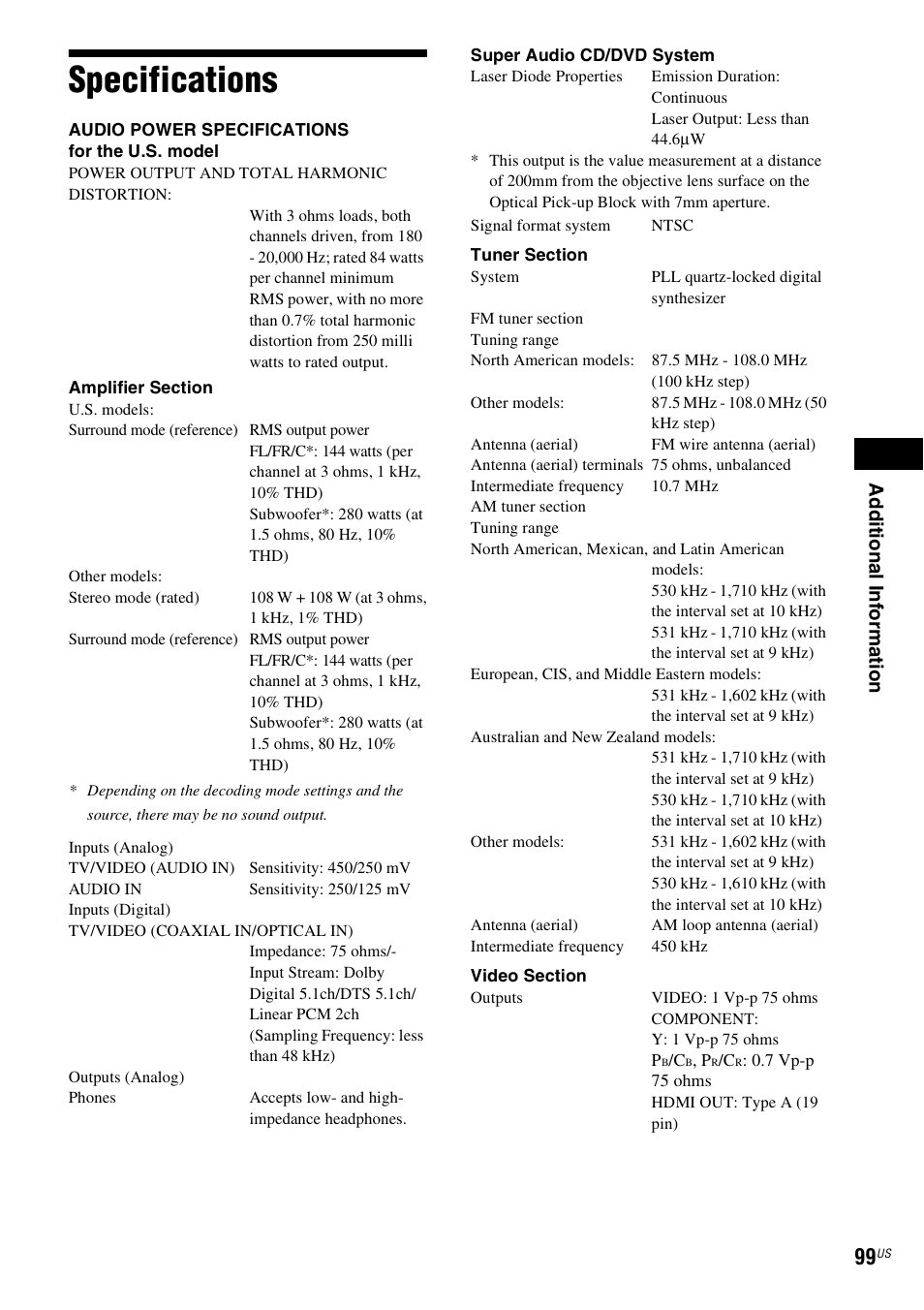 Specifications, Ad dit iona l inf o rma tion | Sony DAV-HDX589W User Manual | Page 99 / 116