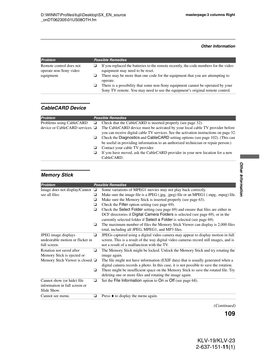 Cablecard device, Memory stick, Cablecard device memory stick | Sony KDS-R50XBR1 User Manual | Page 109 / 120