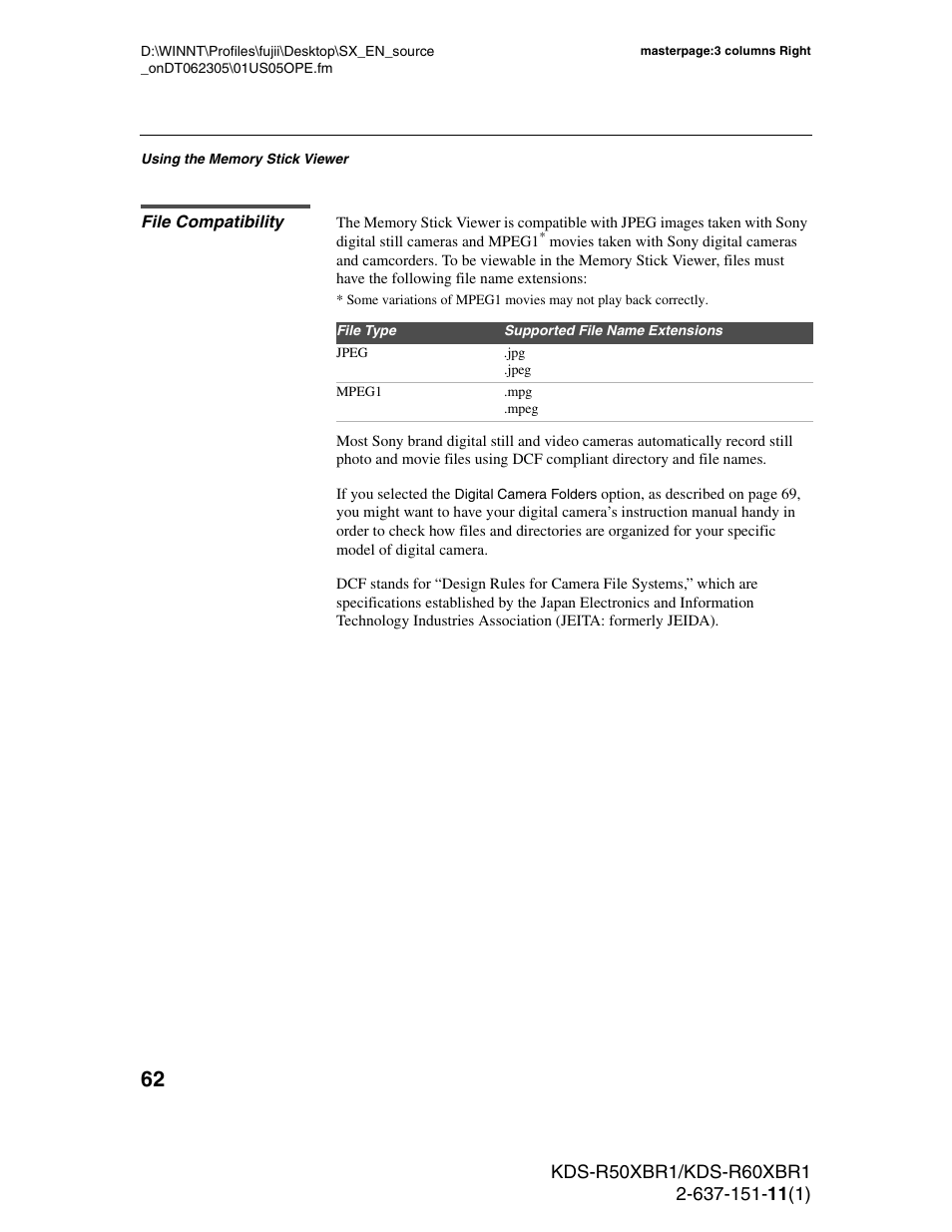 File compatibility | Sony KDS-R50XBR1 User Manual | Page 62 / 120