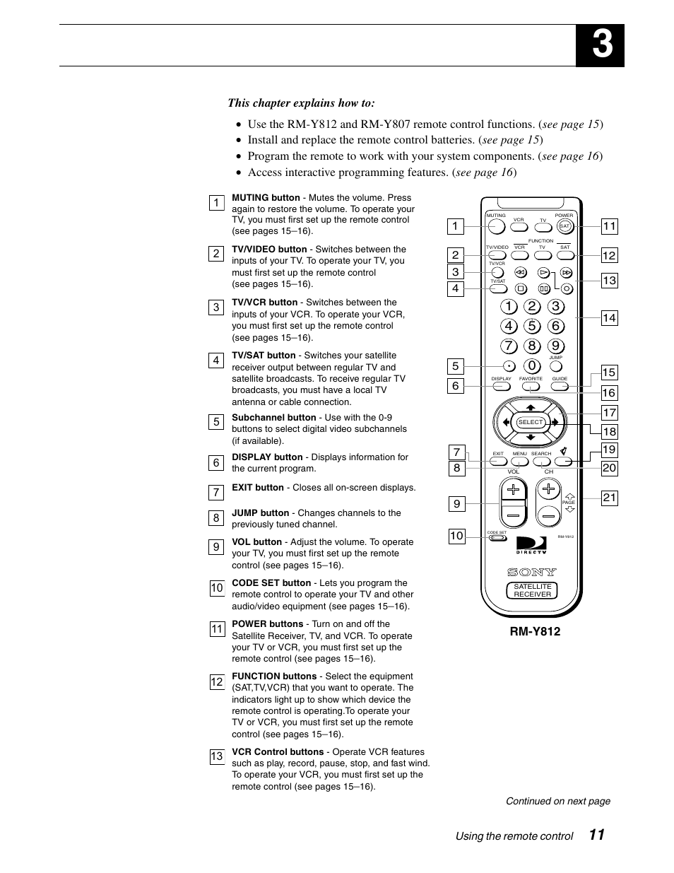 Using the remote control, Rm-y812 | Sony SAT-B65 User Manual | Page 20 / 58