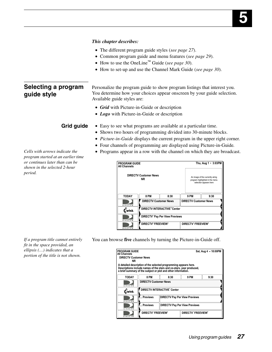 Selecting a program guide style, Grid guide, Using program guides | Sony SAT-B65 User Manual | Page 36 / 58