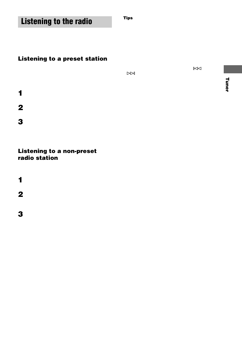 Listening to the radio —preset tuning, Listening to the radio | Sony CHC-TB10 User Manual | Page 13 / 32