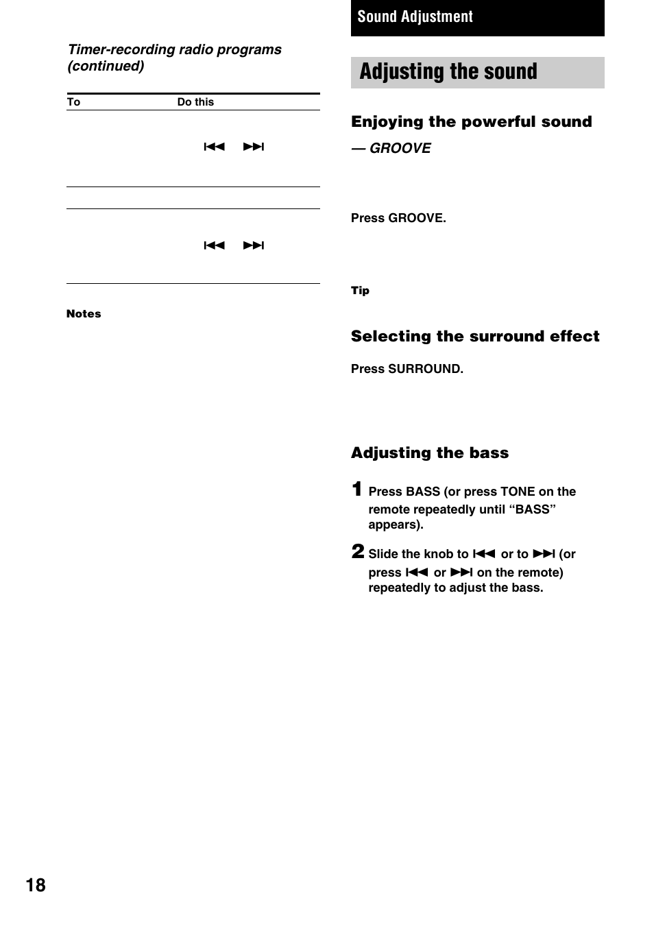 Sound adjustment, Adjusting the sound—groove, Adjusting the sound | Sony CHC-TB10 User Manual | Page 18 / 32