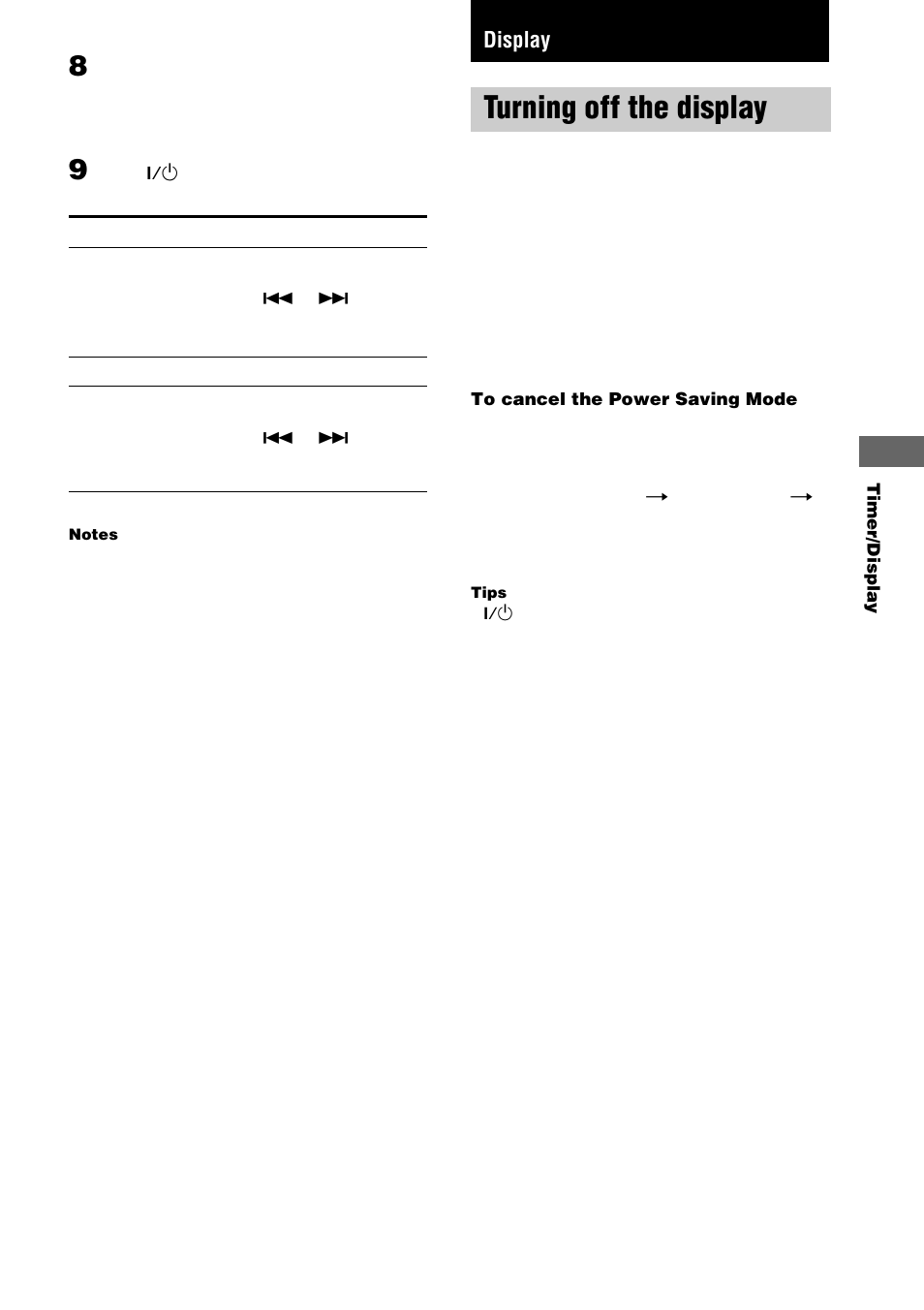 Display, Turning off the display — power saving mode, Turning off the display | Power saving mode | Sony CHC-TB10 User Manual | Page 21 / 32