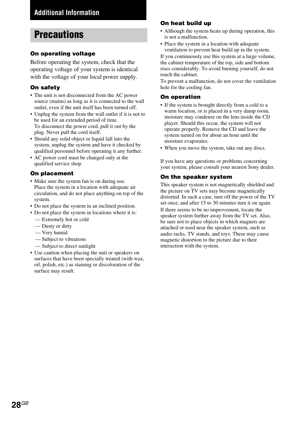 Additional information, Precautions | Sony CHC-TB10 User Manual | Page 28 / 32