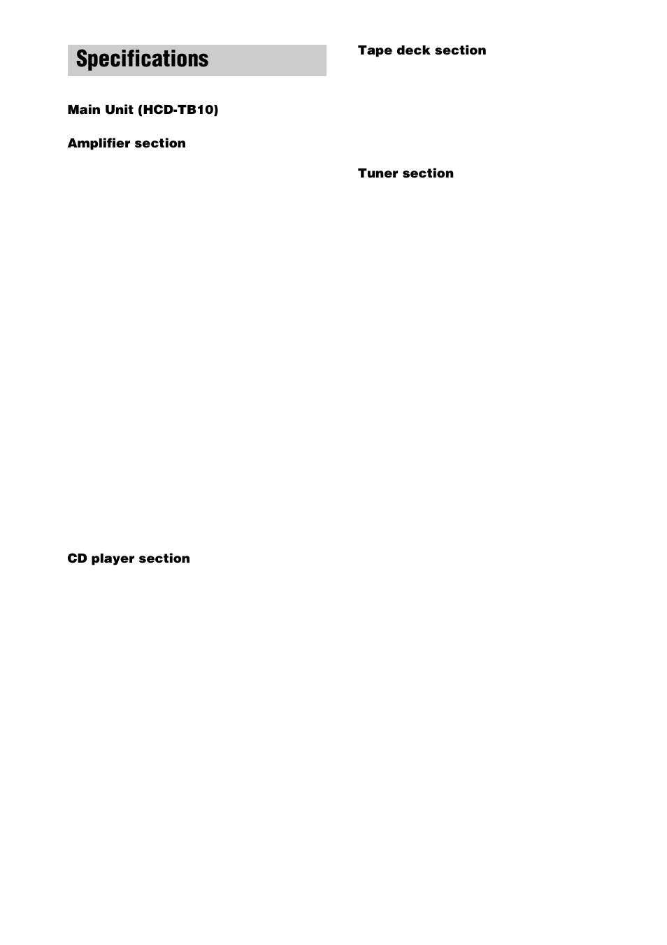 Specifications | Sony CHC-TB10 User Manual | Page 30 / 32