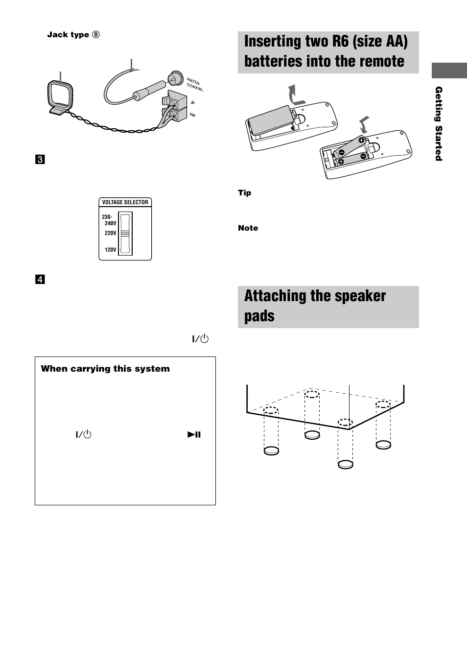 Attaching the speaker pads, Inserting two r6 (size aa) batteries, Into the remote | Sony CHC-TB10 User Manual | Page 7 / 32