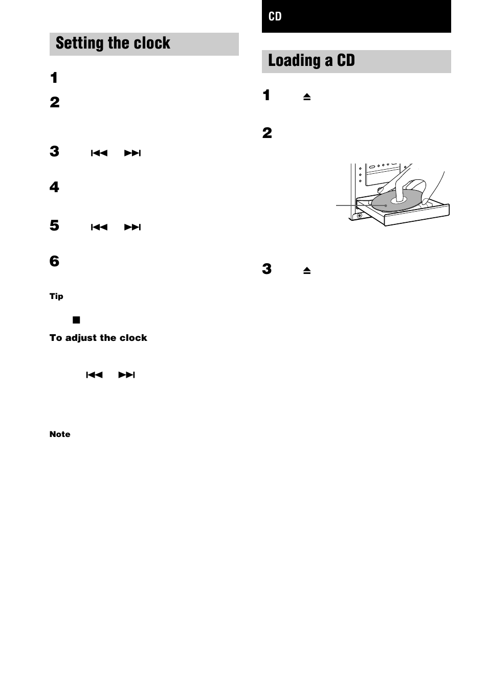 Setting the clock, Loading a cd | Sony CHC-TB10 User Manual | Page 8 / 32