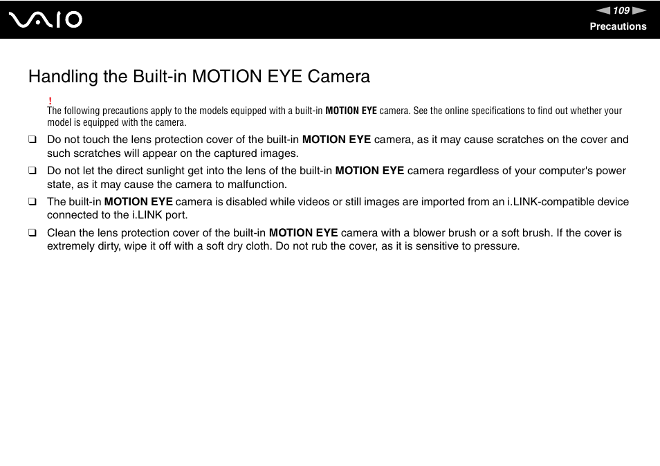 Handling the built-in motion eye camera | Sony VAIO VGN-NS User Manual | Page 109 / 175