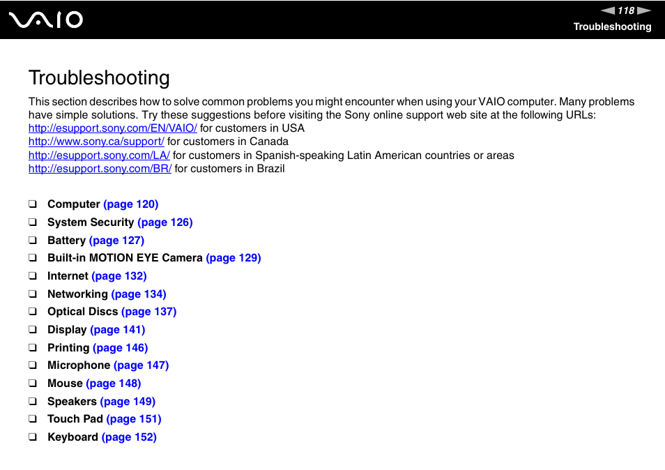 Troubleshooting | Sony VAIO VGN-NS User Manual | Page 118 / 175