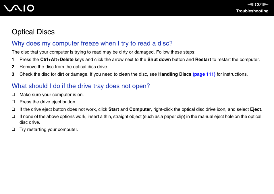 Optical discs, What should i do if the drive tray does not open | Sony VAIO VGN-NS User Manual | Page 137 / 175