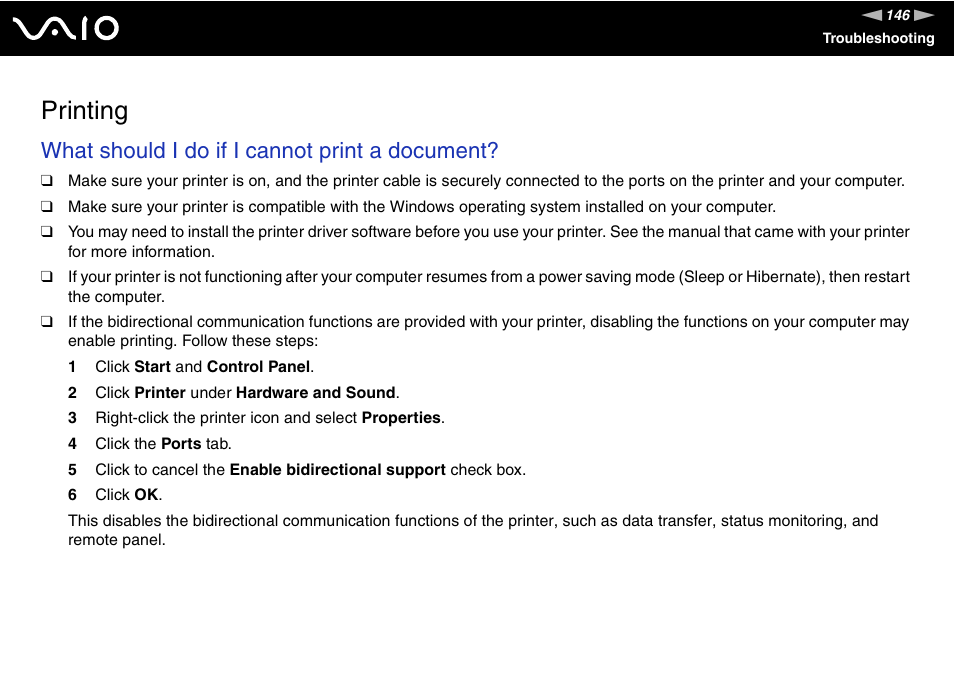 Printing, Inting, What should i do if i cannot print a document | Sony VAIO VGN-NS User Manual | Page 146 / 175