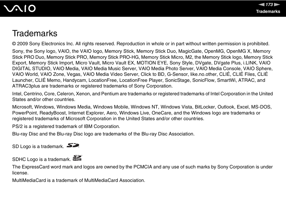 Trademarks | Sony VAIO VGN-NS User Manual | Page 173 / 175