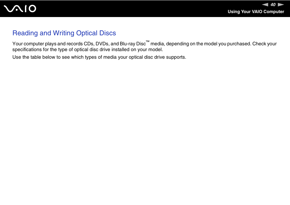 Reading and writing optical discs | Sony VAIO VGN-NS User Manual | Page 40 / 175