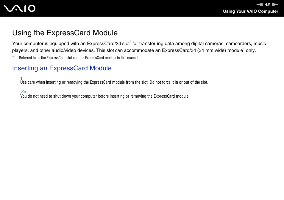 Using the expresscard module, Inserting an expresscard module | Sony VAIO VGN-NS User Manual | Page 48 / 175