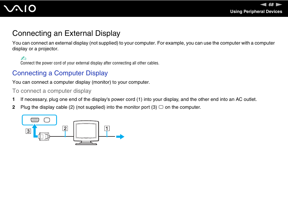 Connecting an external display, Connecting a computer display | Sony VAIO VGN-NS User Manual | Page 68 / 175