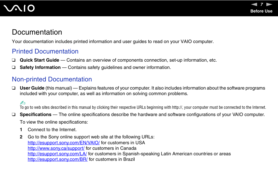 Documentation, Printed documentation, Non-printed documentation | Sony VAIO VGN-NS User Manual | Page 7 / 175