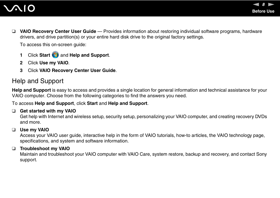 Help and support | Sony VAIO VGN-NS User Manual | Page 8 / 175