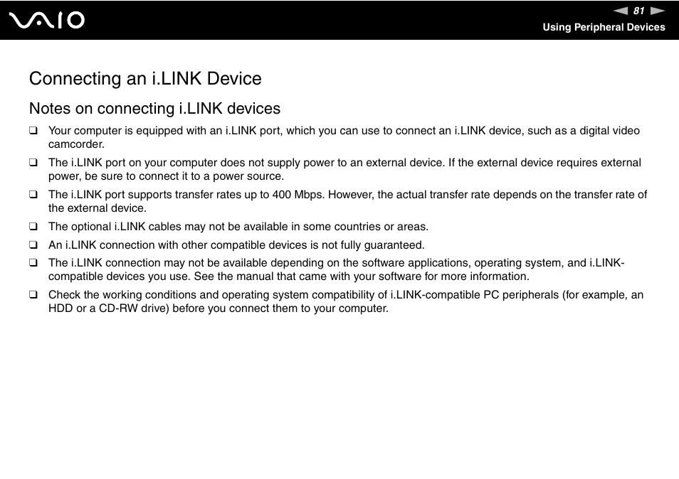 Connecting an i.link device | Sony VAIO VGN-NS User Manual | Page 81 / 175