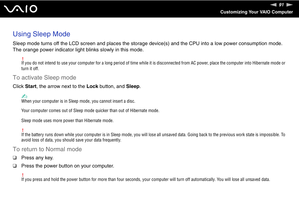 Using sleep mode | Sony VAIO VGN-NS User Manual | Page 91 / 175