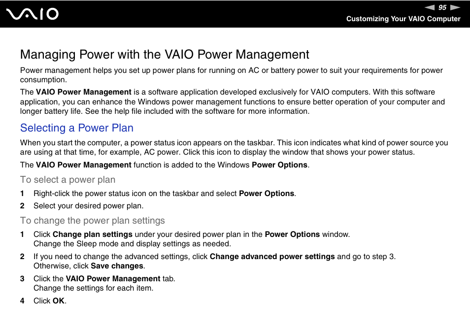 Managing power with the vaio power management, Selecting a power plan | Sony VAIO VGN-NS User Manual | Page 95 / 175