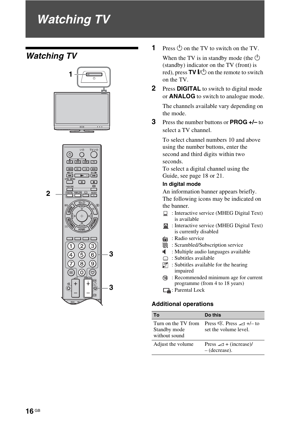 Watching tv | Sony 4-116-578-11(1) User Manual | Page 16 / 59