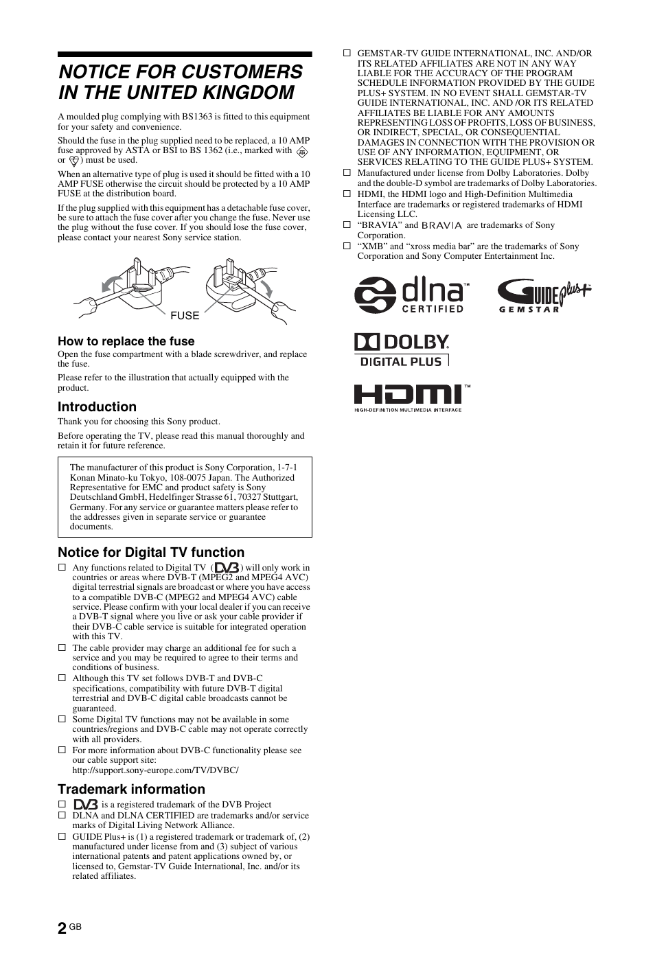 Notice for customers in the united kingdom, Introduction, Notice for digital tv function | Trademark information | Sony 4-116-578-11(1) User Manual | Page 2 / 59