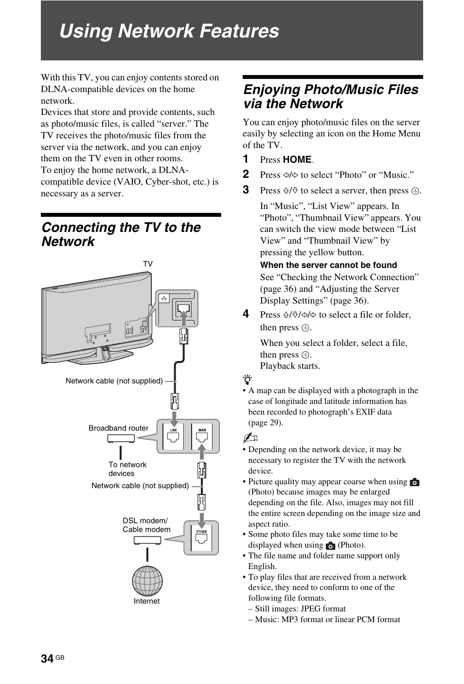 Using network features, Connecting the tv to the network, Enjoying photo/music files via the network | Sony 4-116-578-11(1) User Manual | Page 34 / 59