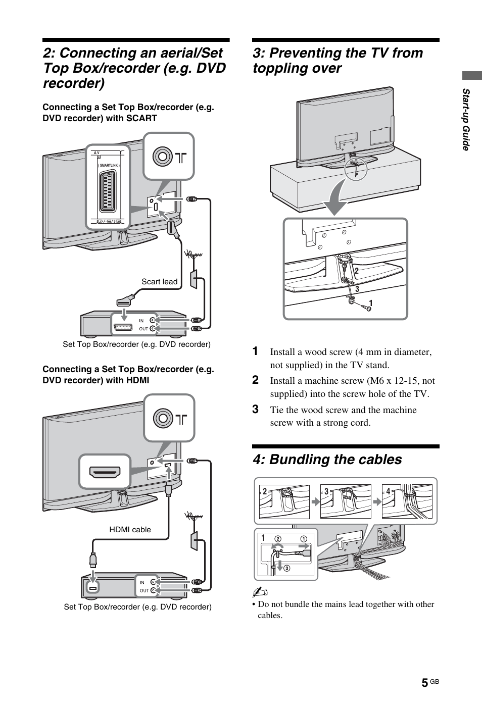 Preventing the tv from toppling over, Bundling the cables | Sony 4-116-578-11(1) User Manual | Page 5 / 59