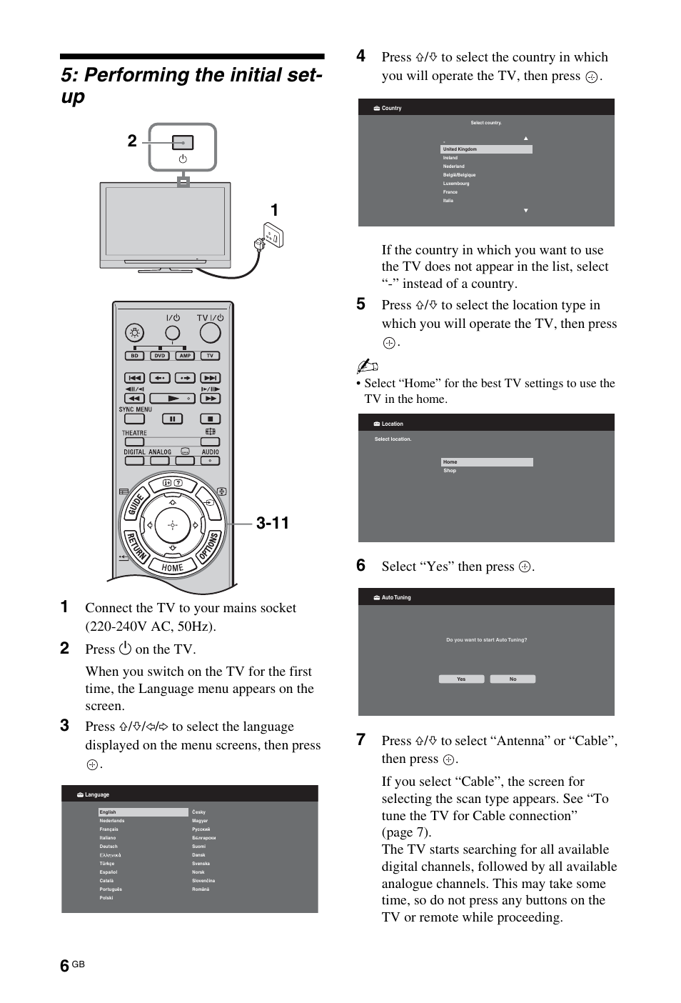 Performing the initial set- up, Select “yes” then press | Sony 4-116-578-11(1) User Manual | Page 6 / 59