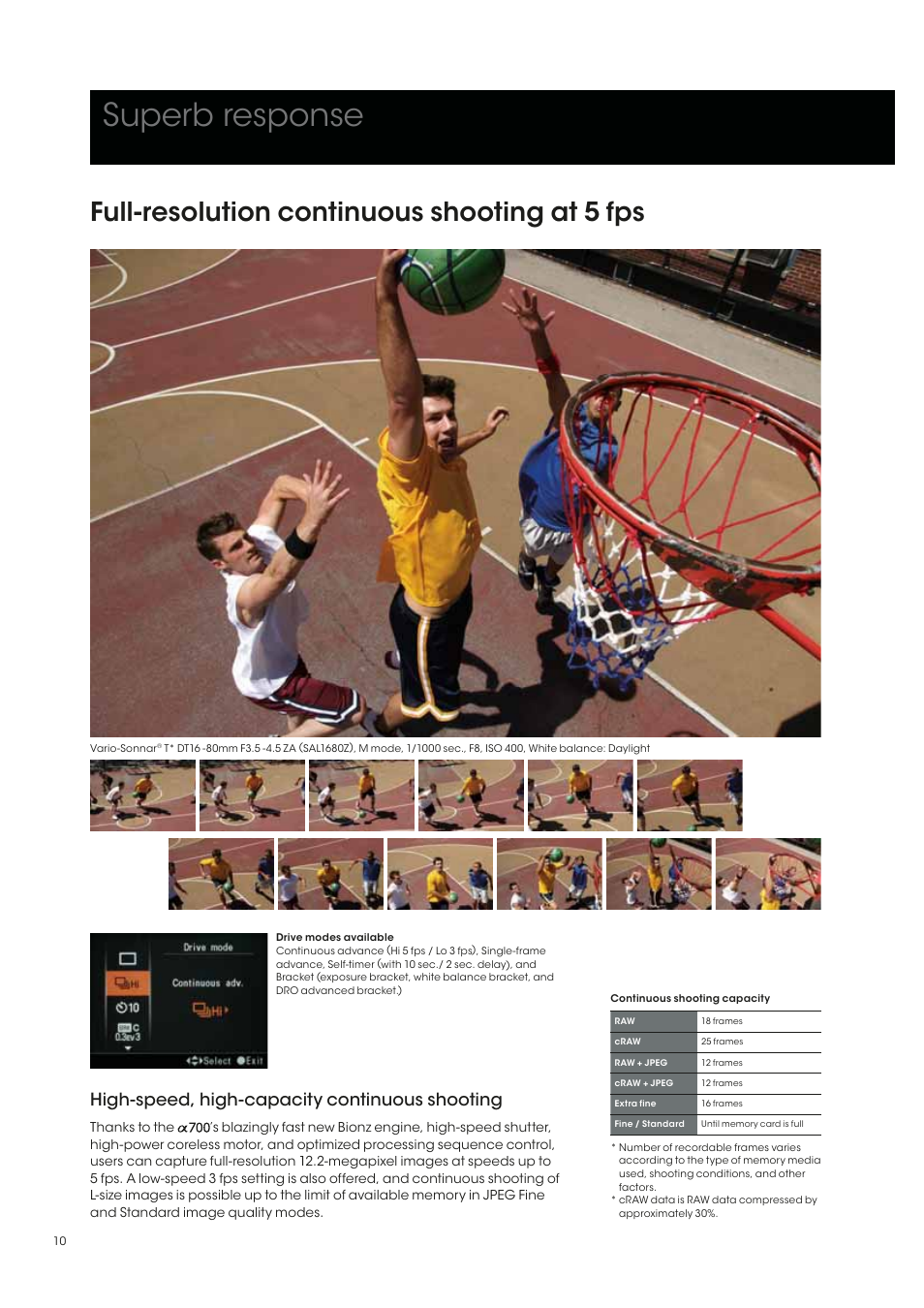 Superb response, Full-resolution continuous shooting at 5 fps, High-speed, high-capacity continuous shooting | Sony alpha 700 User Manual | Page 10 / 28