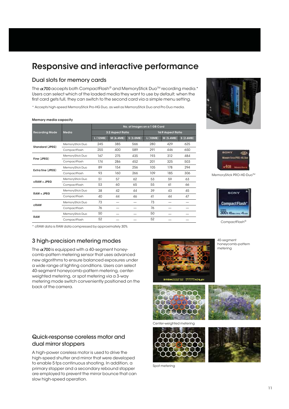 Responsive and interactive performance, 3 high-precision metering modes | Sony alpha 700 User Manual | Page 11 / 28