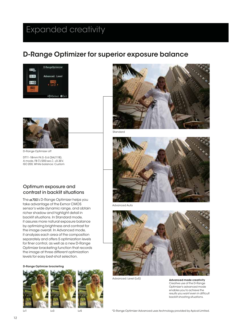 Expanded creativity, D-range optimizer for superior exposure balance | Sony alpha 700 User Manual | Page 12 / 28