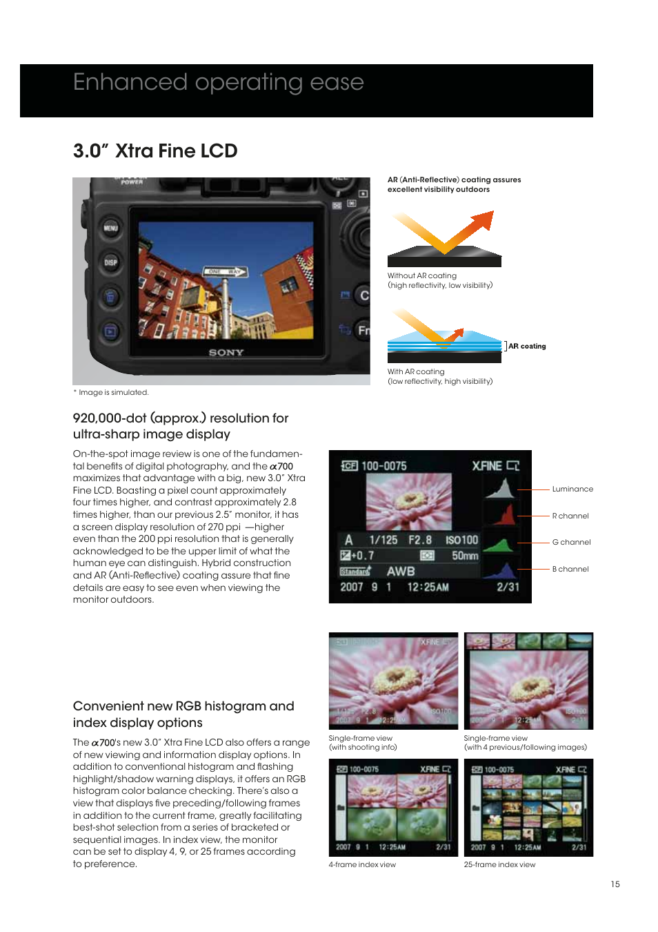 Enhanced operating ease, 0” xtra fine lcd | Sony alpha 700 User Manual | Page 15 / 28
