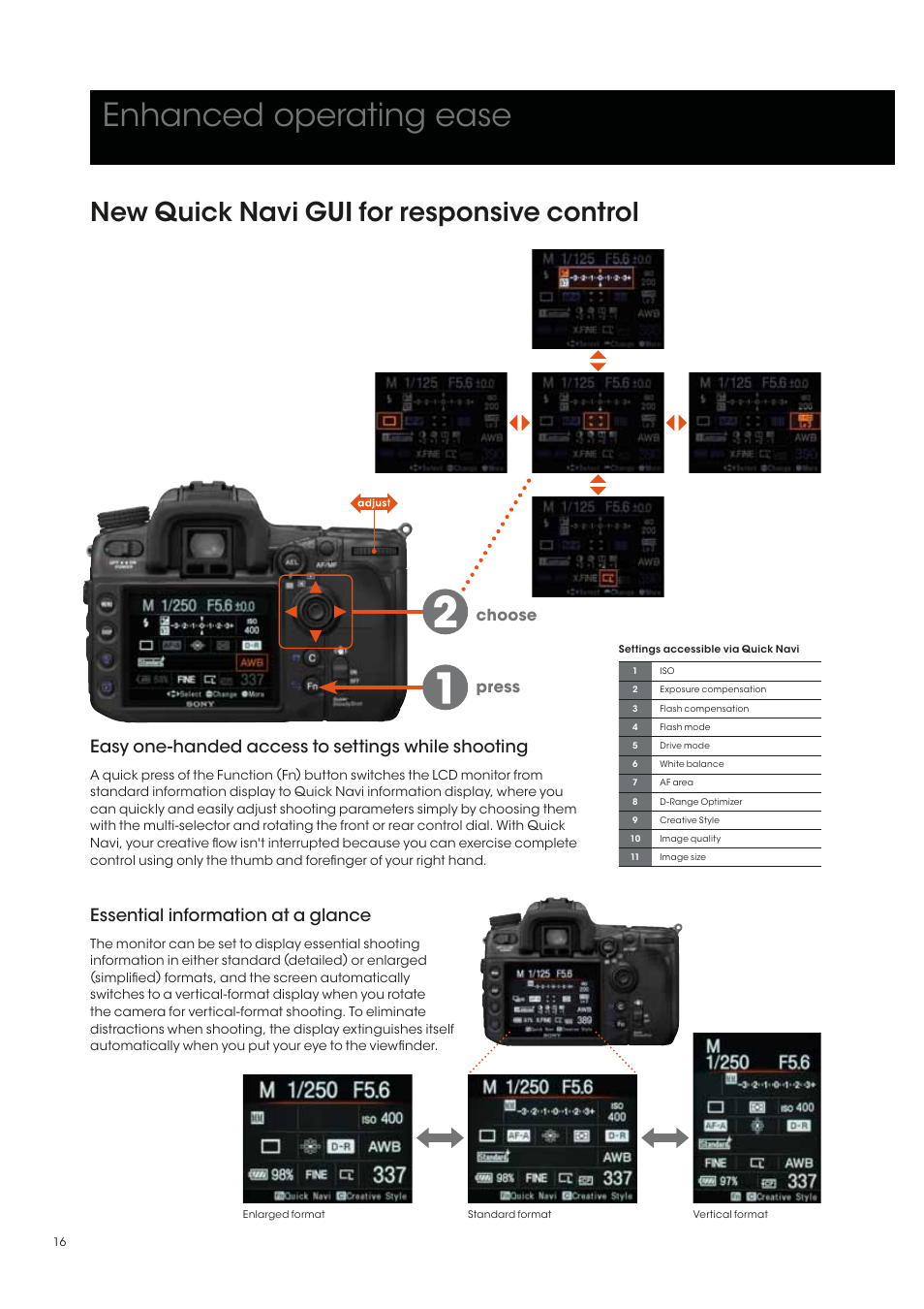 Enhanced operating ease, New quick navi gui for responsive control, Easy one-handed access to settings while shooting | Essential information at a glance, Press choose | Sony alpha 700 User Manual | Page 16 / 28