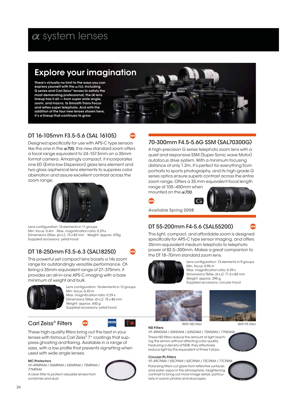 System lenses, Explore your imagination, Carl zeiss | Filters | Sony alpha 700 User Manual | Page 24 / 28