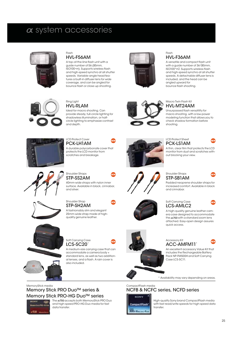 System accessories, Hvl-f56am, Ncfb & ncfc series, ncfd series | Hvl-rlam, Hvl-mt24am, Pck-lh1am, Pck-ls1am, Stp-ss2am, Stp-sb1am, Stp-sh2am | Sony alpha 700 User Manual | Page 25 / 28