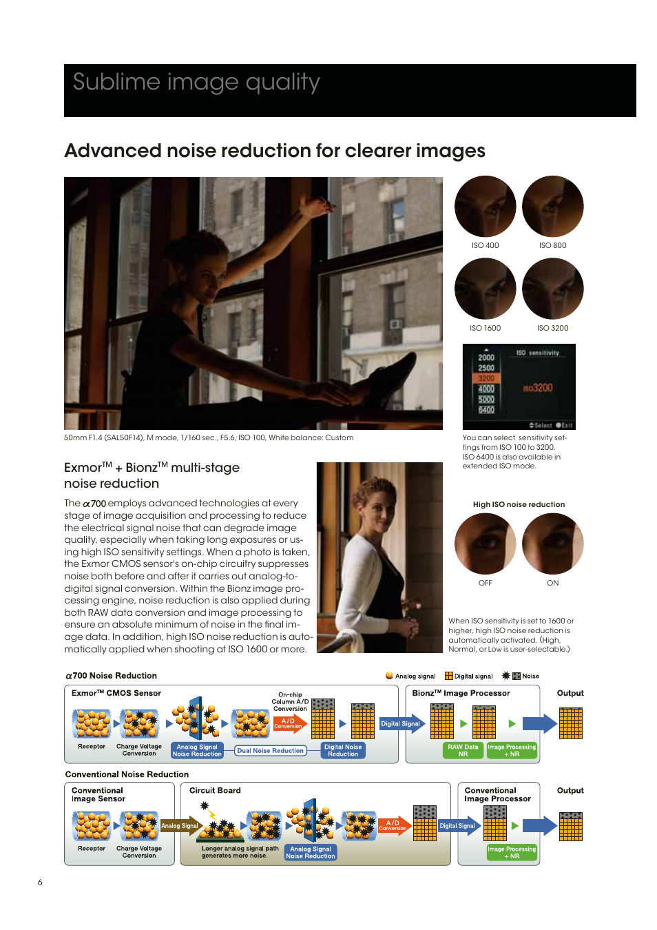 Sublime image quality, Advanced noise reduction for clearer images, Exmor | Bionz, Multi-stage noise reduction | Sony alpha 700 User Manual | Page 6 / 28