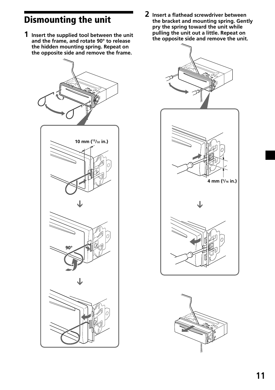 11 dismounting the unit | Sony CDX-2250 User Manual | Page 11 / 16