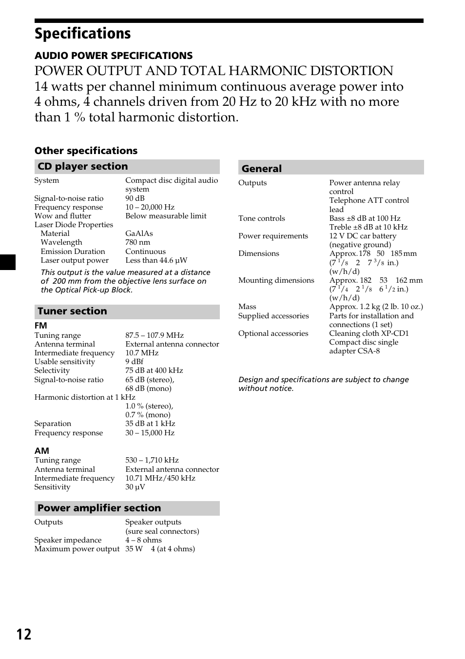 12 specifications, Audio power specifications, General | Sony CDX-2250 User Manual | Page 12 / 16