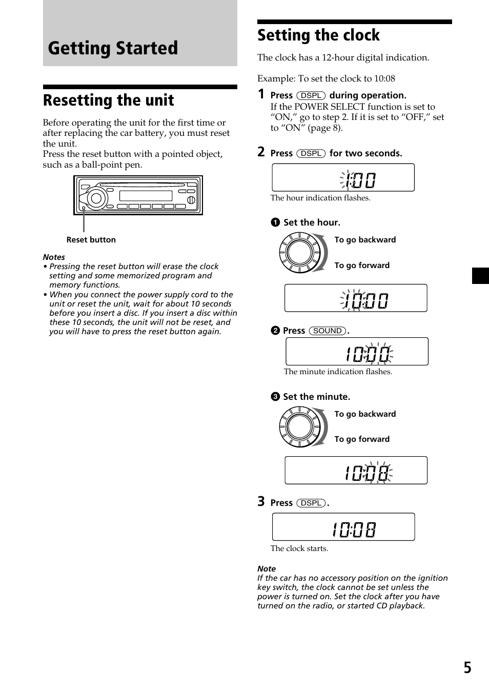 Getting started, Resetting the unit, Setting the clock | Sony CDX-2250 User Manual | Page 5 / 16