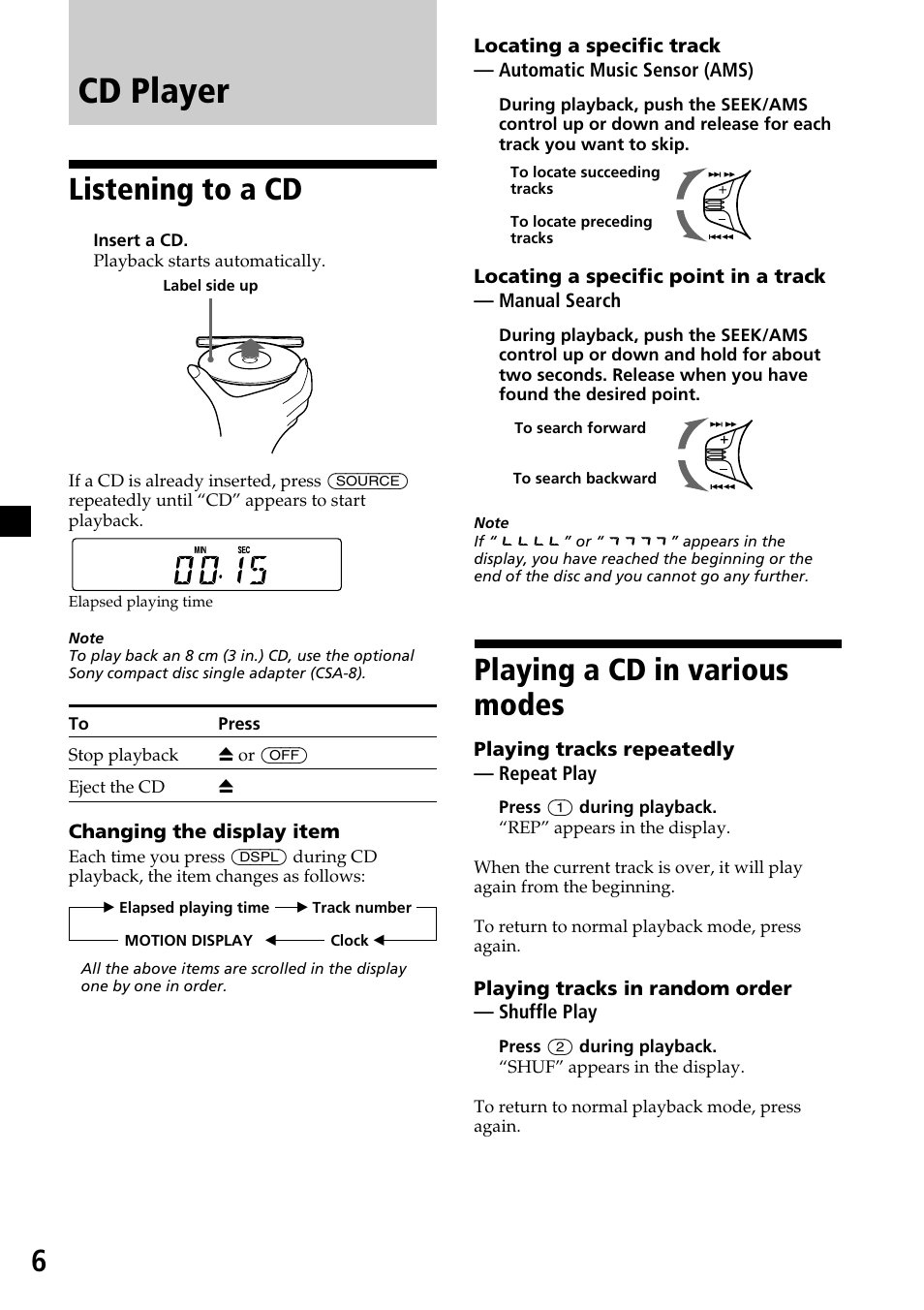 Cd player, Playing a cd in various modes, Listening to a cd | Sony CDX-2250 User Manual | Page 6 / 16