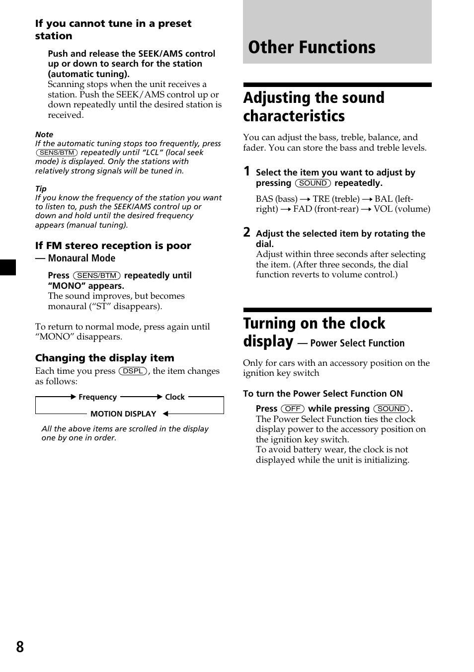 Other functions, Adjusting the sound characteristics, Turning on the clock display | Sony CDX-2250 User Manual | Page 8 / 16