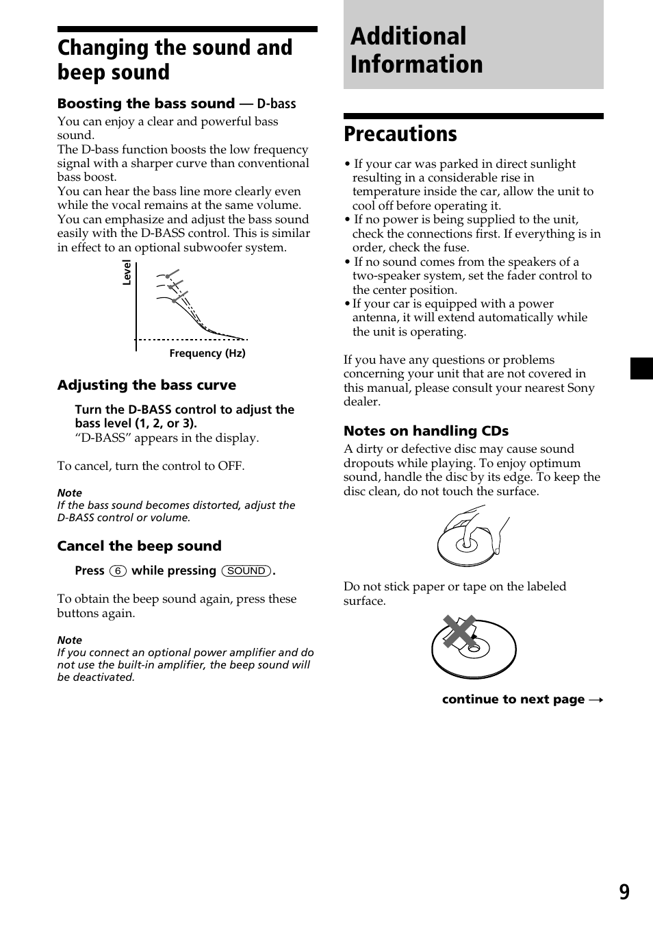 Additional information, 9changing the sound and beep sound, Precautions | Sony CDX-2250 User Manual | Page 9 / 16